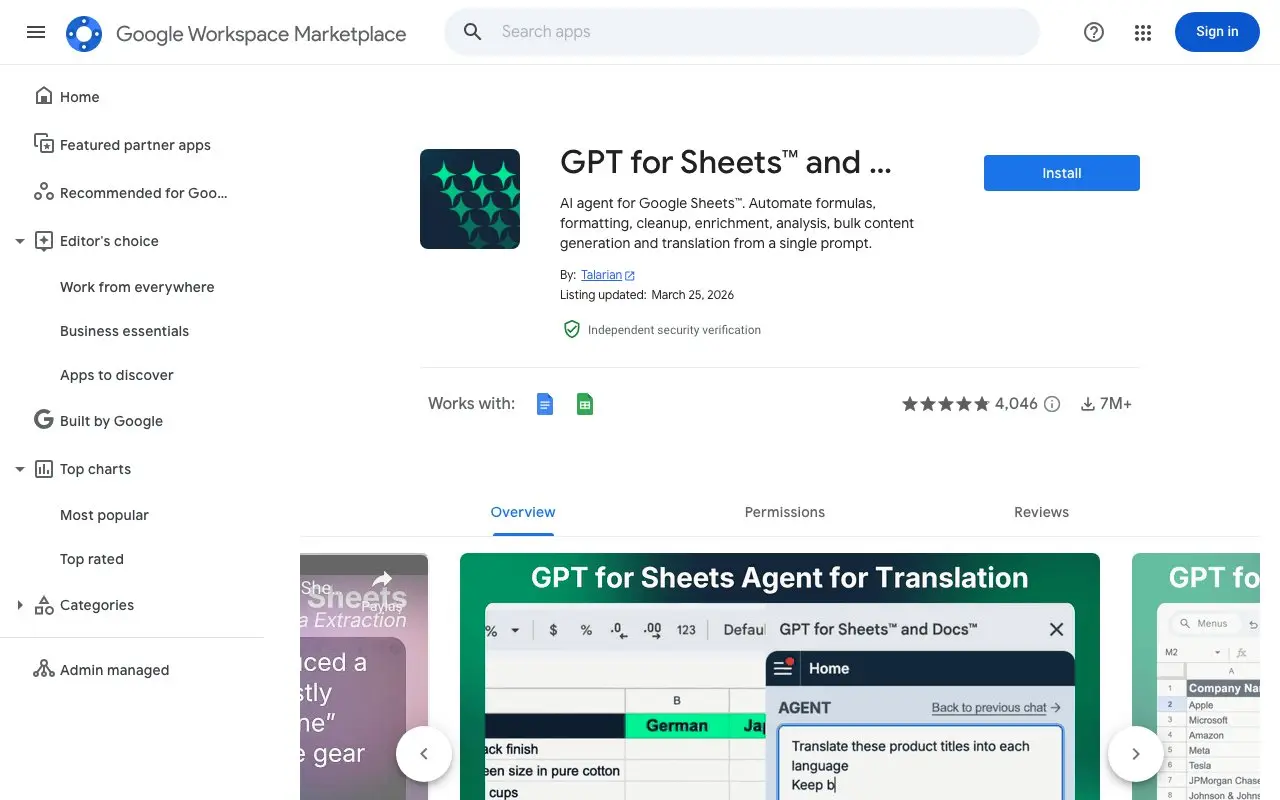 GPT for Sheets and Docs på Google Workspace Marketplace — 4M+ installationer