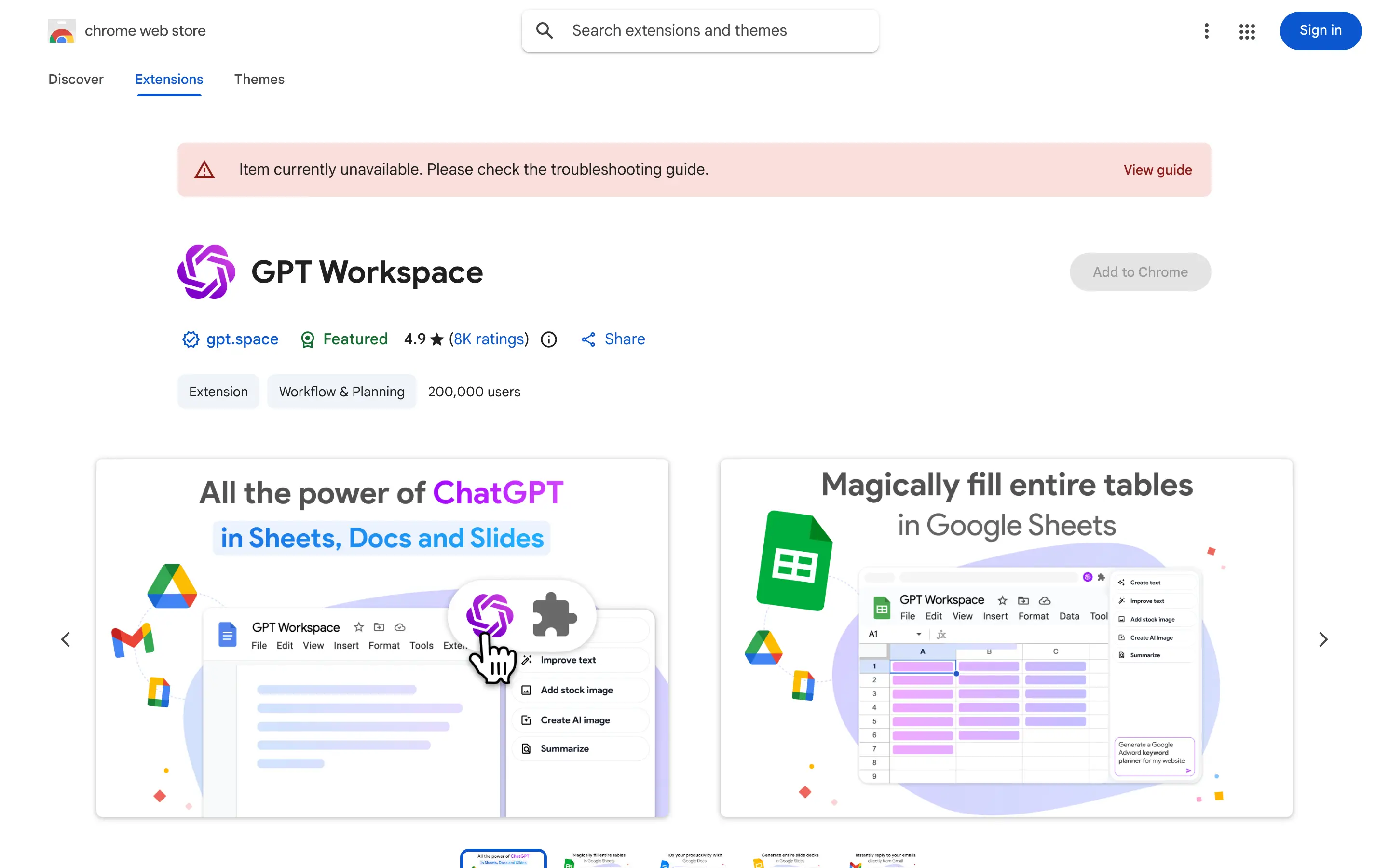 GPT Workspace Chrome extension page in the Chrome Web Store showing 4.9 star rating, 8K+ ratings, and 200,000+ users