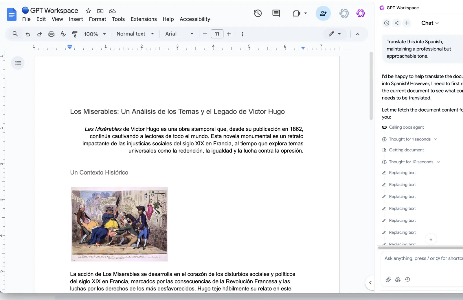 Google Docs with the GPT Workspace AI sidebar open on the right, showing prompt options including Write an essay, Draft an employment contract, Write an article, Find stock images, Generate an AI image, and Summarize key points