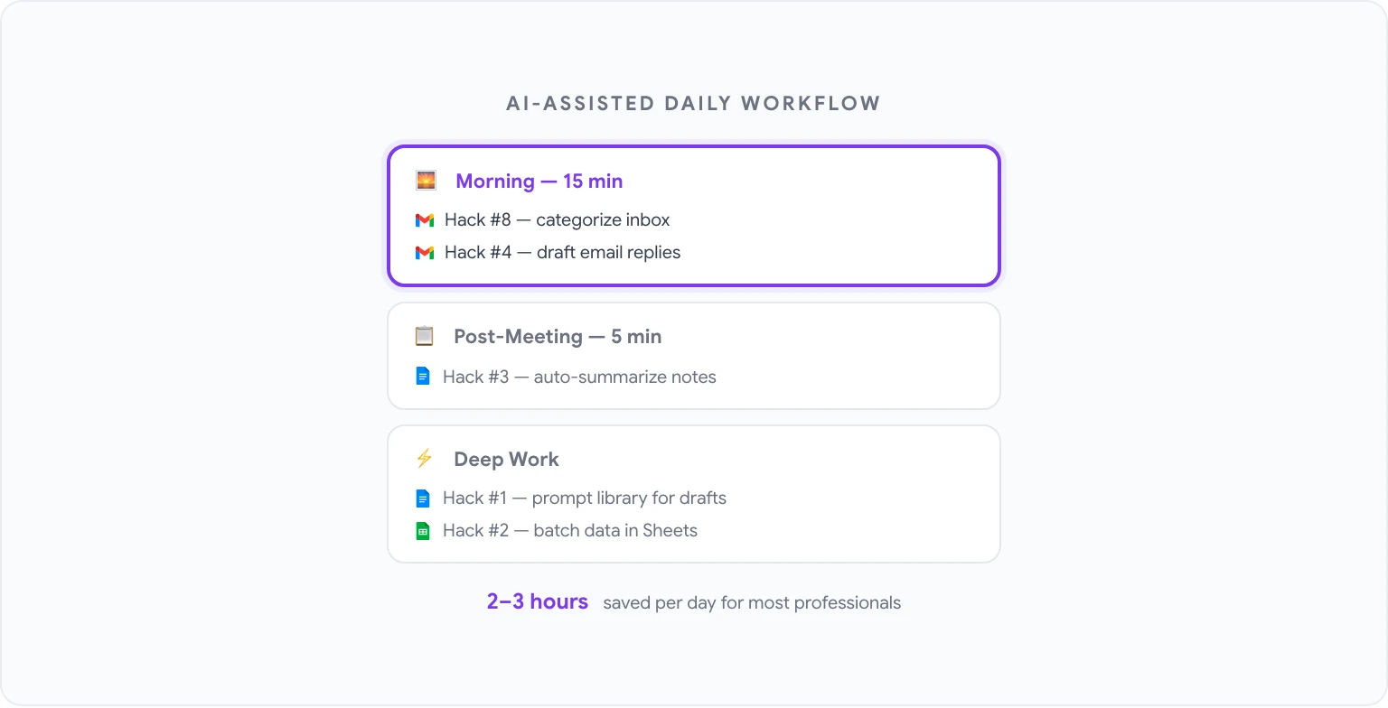 AI-Assisted Daily Workflow — Morning, Post-Meeting, Deep Work
